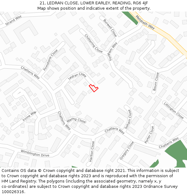 21, LEDRAN CLOSE, LOWER EARLEY, READING, RG6 4JF: Location map and indicative extent of plot