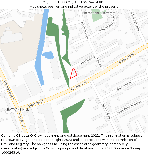 21, LEES TERRACE, BILSTON, WV14 8DR: Location map and indicative extent of plot