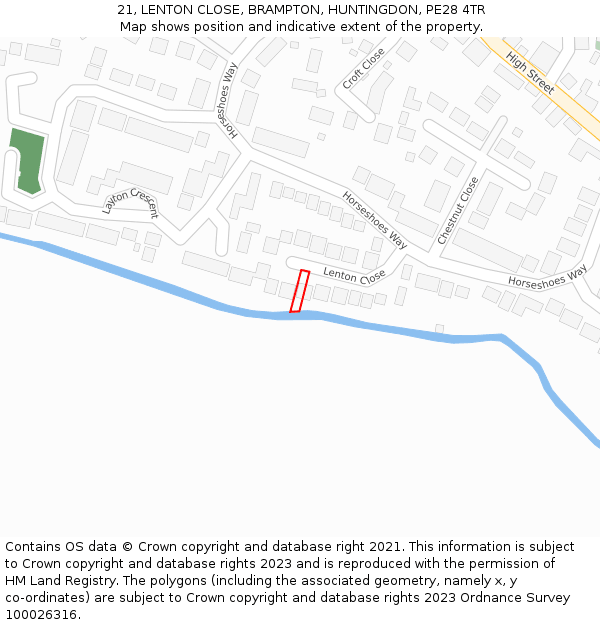 21, LENTON CLOSE, BRAMPTON, HUNTINGDON, PE28 4TR: Location map and indicative extent of plot