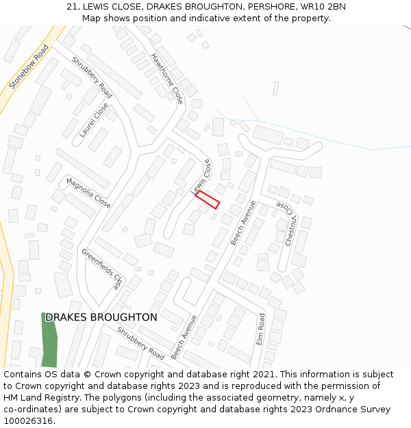 21, LEWIS CLOSE, DRAKES BROUGHTON, PERSHORE, WR10 2BN: Location map and indicative extent of plot