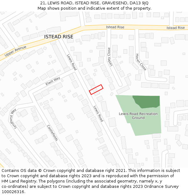 21, LEWIS ROAD, ISTEAD RISE, GRAVESEND, DA13 9JQ: Location map and indicative extent of plot