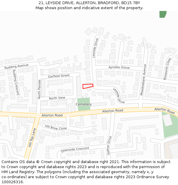 21, LEYSIDE DRIVE, ALLERTON, BRADFORD, BD15 7BY: Location map and indicative extent of plot