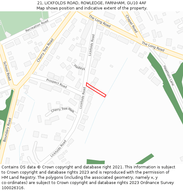 21, LICKFOLDS ROAD, ROWLEDGE, FARNHAM, GU10 4AF: Location map and indicative extent of plot