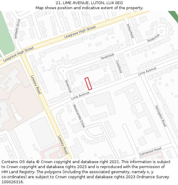 21, LIME AVENUE, LUTON, LU4 0EG: Location map and indicative extent of plot