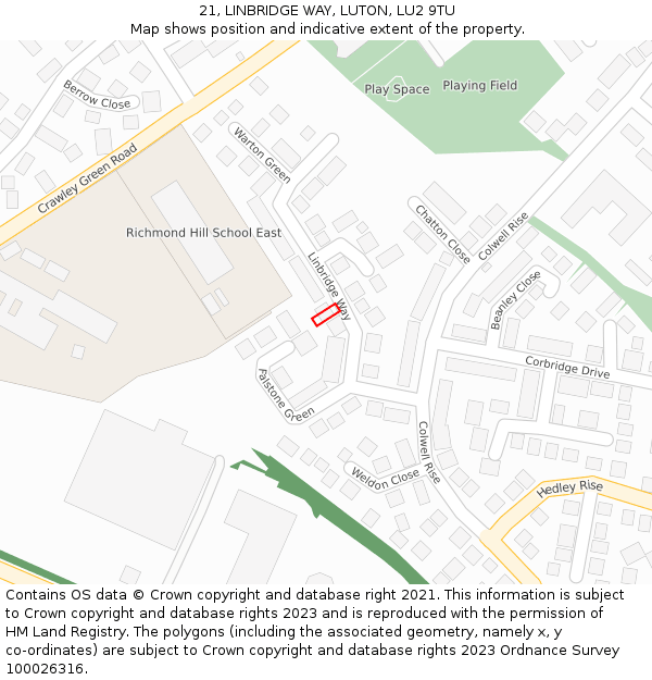 21, LINBRIDGE WAY, LUTON, LU2 9TU: Location map and indicative extent of plot