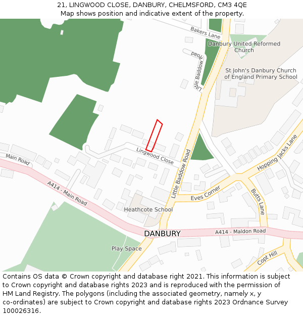 21, LINGWOOD CLOSE, DANBURY, CHELMSFORD, CM3 4QE: Location map and indicative extent of plot