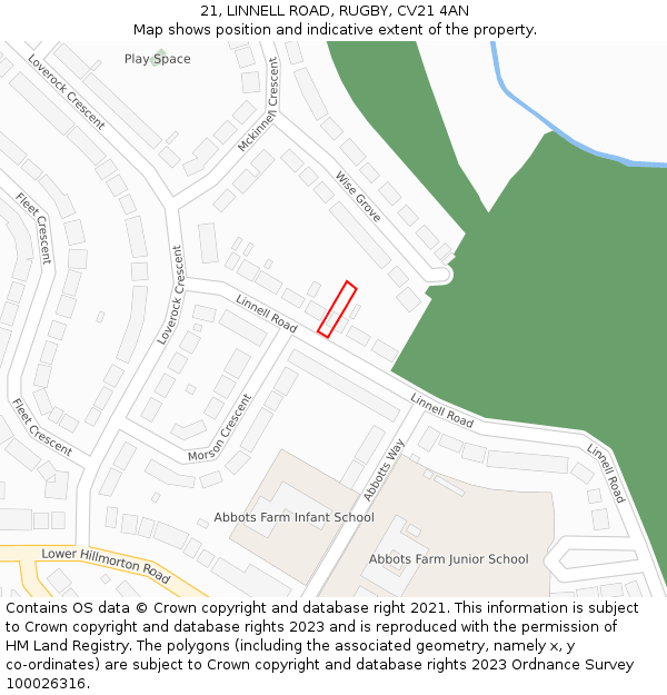 21, LINNELL ROAD, RUGBY, CV21 4AN: Location map and indicative extent of plot