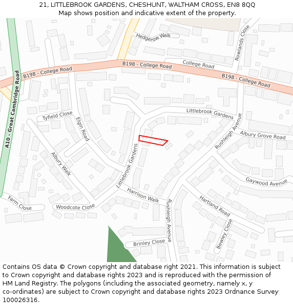 21, LITTLEBROOK GARDENS, CHESHUNT, WALTHAM CROSS, EN8 8QQ: Location map and indicative extent of plot