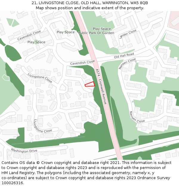 21, LIVINGSTONE CLOSE, OLD HALL, WARRINGTON, WA5 8QB: Location map and indicative extent of plot