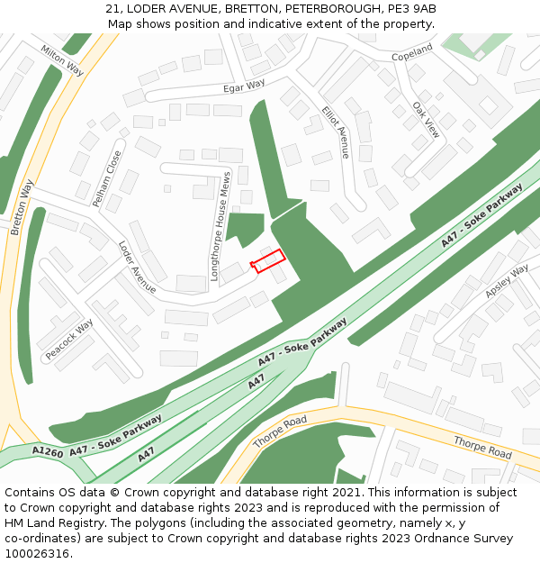 21, LODER AVENUE, BRETTON, PETERBOROUGH, PE3 9AB: Location map and indicative extent of plot
