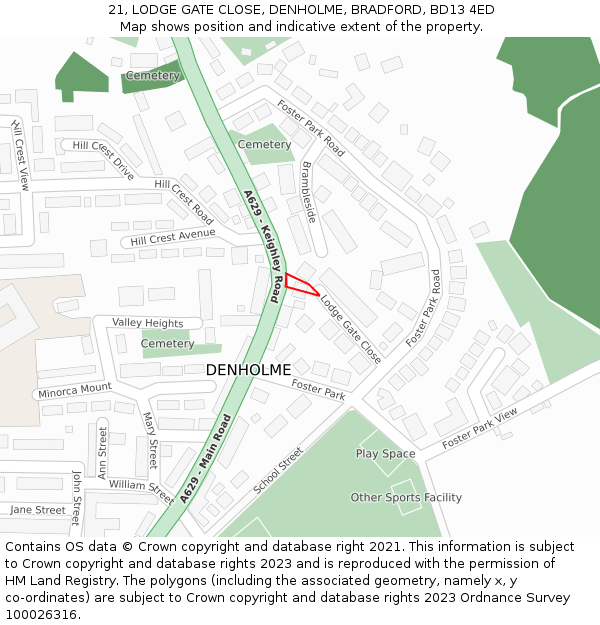 21, LODGE GATE CLOSE, DENHOLME, BRADFORD, BD13 4ED: Location map and indicative extent of plot