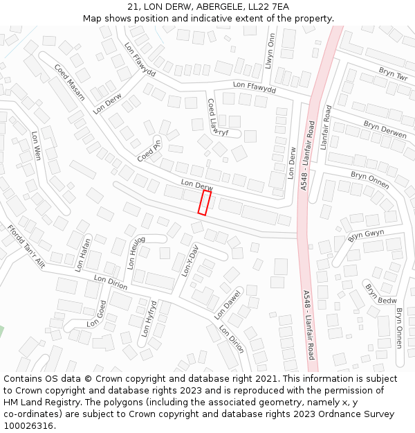 21, LON DERW, ABERGELE, LL22 7EA: Location map and indicative extent of plot