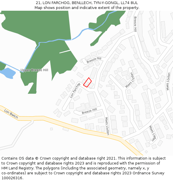 21, LON FARCHOG, BENLLECH, TYN-Y-GONGL, LL74 8UL: Location map and indicative extent of plot