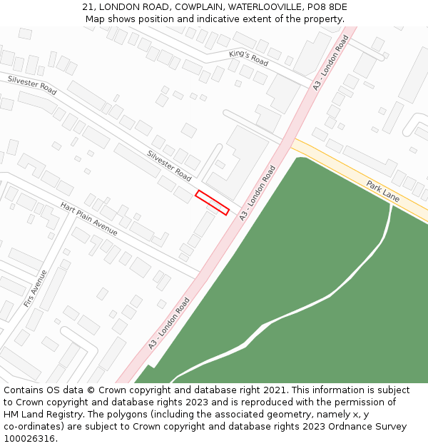 21, LONDON ROAD, COWPLAIN, WATERLOOVILLE, PO8 8DE: Location map and indicative extent of plot