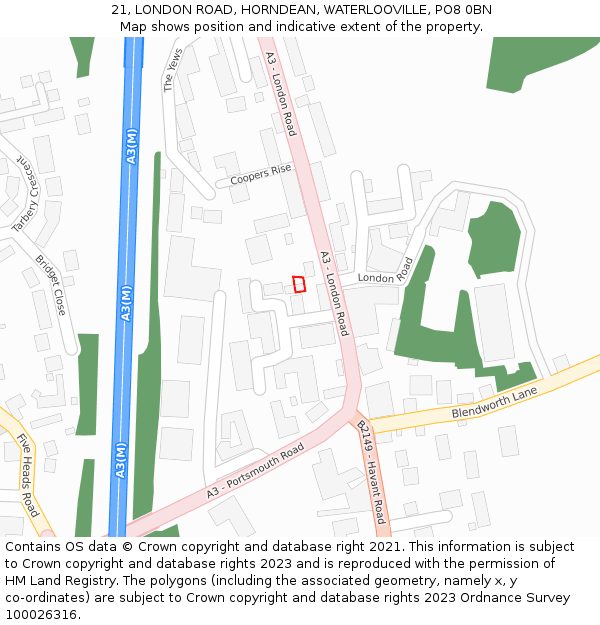 21, LONDON ROAD, HORNDEAN, WATERLOOVILLE, PO8 0BN: Location map and indicative extent of plot