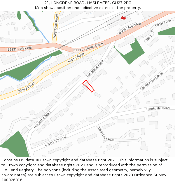 21, LONGDENE ROAD, HASLEMERE, GU27 2PG: Location map and indicative extent of plot