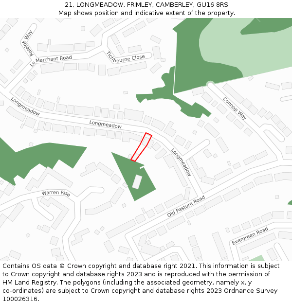 21, LONGMEADOW, FRIMLEY, CAMBERLEY, GU16 8RS: Location map and indicative extent of plot