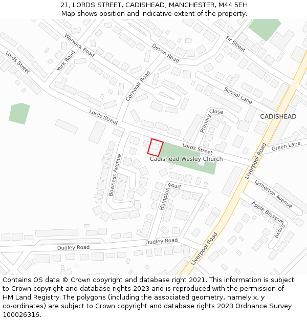 21, LORDS STREET, CADISHEAD, MANCHESTER, M44 5EH: Location map and indicative extent of plot