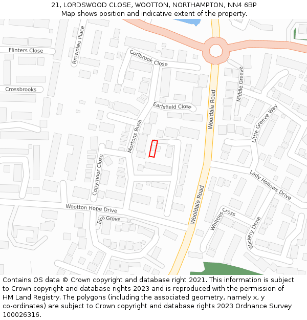 21, LORDSWOOD CLOSE, WOOTTON, NORTHAMPTON, NN4 6BP: Location map and indicative extent of plot