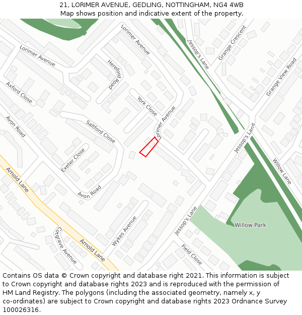 21, LORIMER AVENUE, GEDLING, NOTTINGHAM, NG4 4WB: Location map and indicative extent of plot