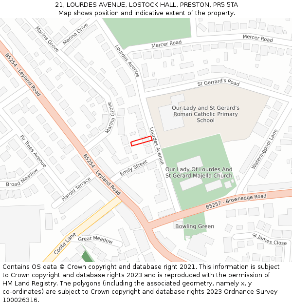 21, LOURDES AVENUE, LOSTOCK HALL, PRESTON, PR5 5TA: Location map and indicative extent of plot