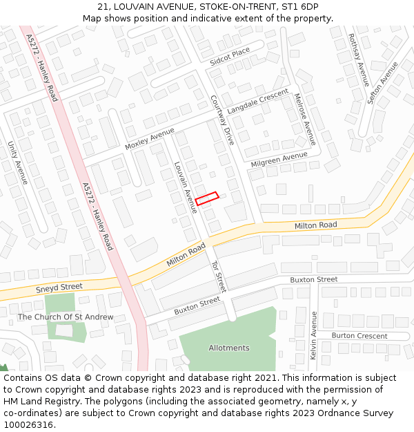 21, LOUVAIN AVENUE, STOKE-ON-TRENT, ST1 6DP: Location map and indicative extent of plot