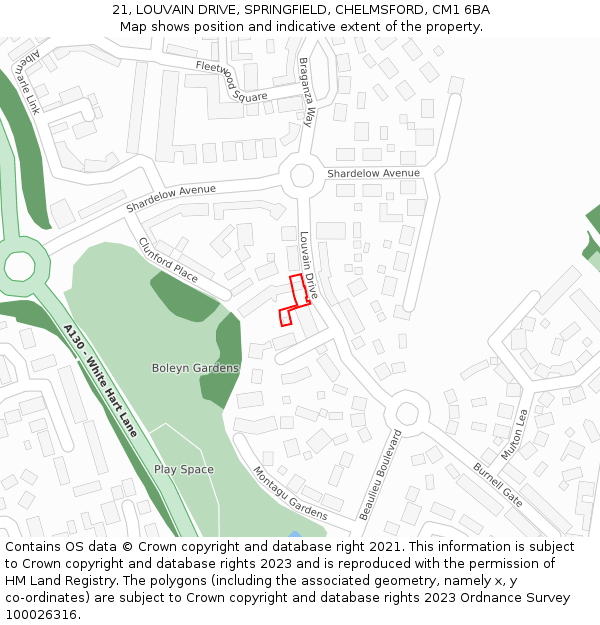 21, LOUVAIN DRIVE, SPRINGFIELD, CHELMSFORD, CM1 6BA: Location map and indicative extent of plot