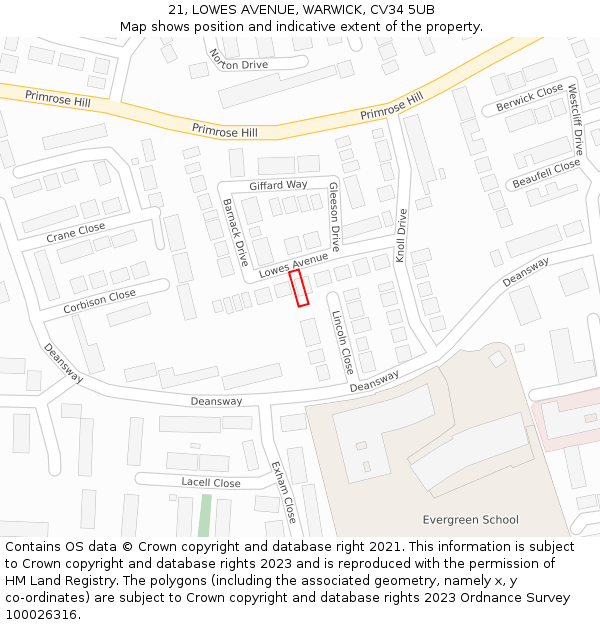 21, LOWES AVENUE, WARWICK, CV34 5UB: Location map and indicative extent of plot