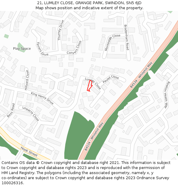 21, LUMLEY CLOSE, GRANGE PARK, SWINDON, SN5 6JD: Location map and indicative extent of plot