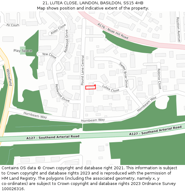 21, LUTEA CLOSE, LAINDON, BASILDON, SS15 4HB: Location map and indicative extent of plot