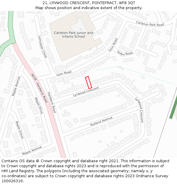 21, LYNWOOD CRESCENT, PONTEFRACT, WF8 3QT: Location map and indicative extent of plot