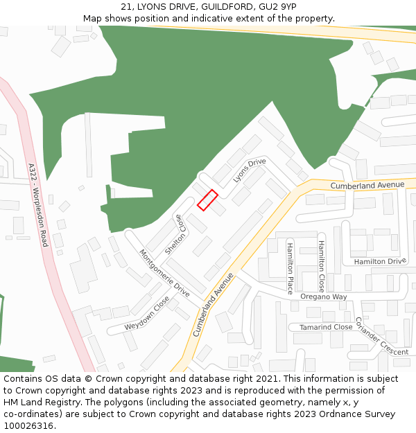 21, LYONS DRIVE, GUILDFORD, GU2 9YP: Location map and indicative extent of plot