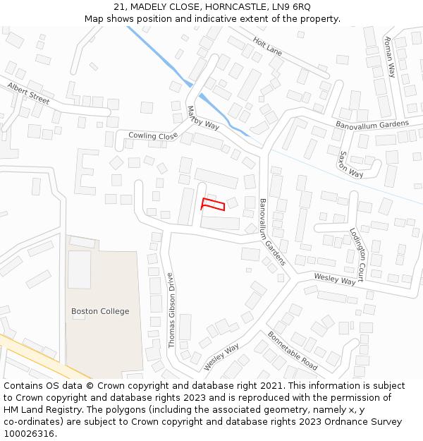 21, MADELY CLOSE, HORNCASTLE, LN9 6RQ: Location map and indicative extent of plot