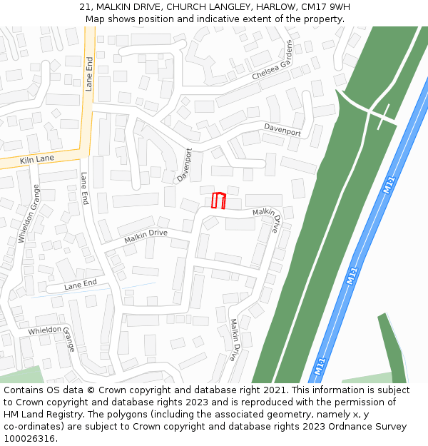 21, MALKIN DRIVE, CHURCH LANGLEY, HARLOW, CM17 9WH: Location map and indicative extent of plot