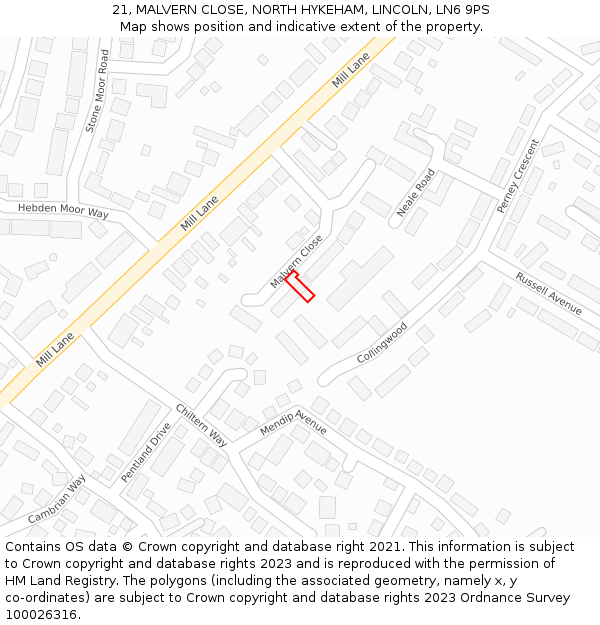 21, MALVERN CLOSE, NORTH HYKEHAM, LINCOLN, LN6 9PS: Location map and indicative extent of plot