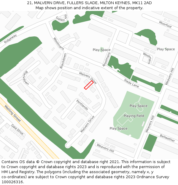 21, MALVERN DRIVE, FULLERS SLADE, MILTON KEYNES, MK11 2AD: Location map and indicative extent of plot