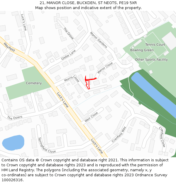 21, MANOR CLOSE, BUCKDEN, ST NEOTS, PE19 5XR: Location map and indicative extent of plot