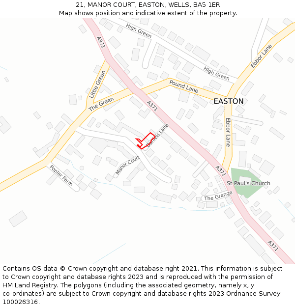 21, MANOR COURT, EASTON, WELLS, BA5 1ER: Location map and indicative extent of plot