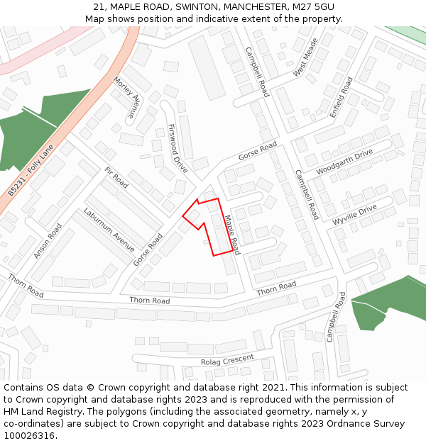 21, MAPLE ROAD, SWINTON, MANCHESTER, M27 5GU: Location map and indicative extent of plot