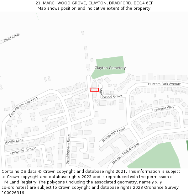 21, MARCHWOOD GROVE, CLAYTON, BRADFORD, BD14 6EF: Location map and indicative extent of plot