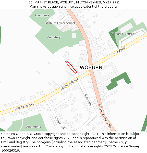 21, MARKET PLACE, WOBURN, MILTON KEYNES, MK17 9PZ: Location map and indicative extent of plot