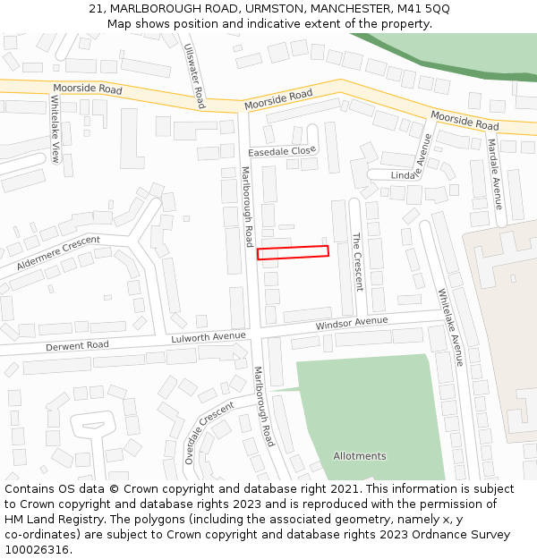 21, MARLBOROUGH ROAD, URMSTON, MANCHESTER, M41 5QQ: Location map and indicative extent of plot