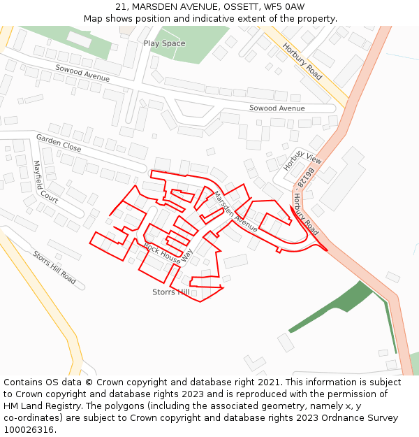 21, MARSDEN AVENUE, OSSETT, WF5 0AW: Location map and indicative extent of plot