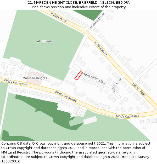 21, MARSDEN HEIGHT CLOSE, BRIERFIELD, NELSON, BB9 0FA: Location map and indicative extent of plot