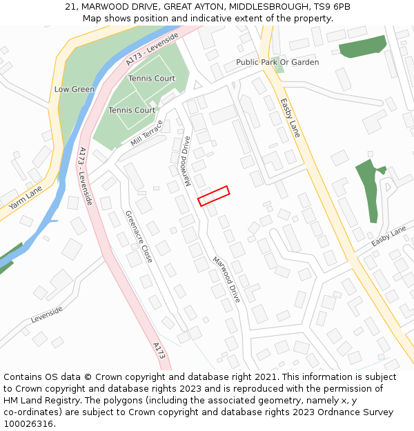 21, MARWOOD DRIVE, GREAT AYTON, MIDDLESBROUGH, TS9 6PB: Location map and indicative extent of plot