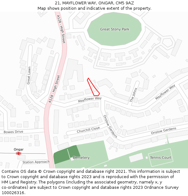 21, MAYFLOWER WAY, ONGAR, CM5 9AZ: Location map and indicative extent of plot