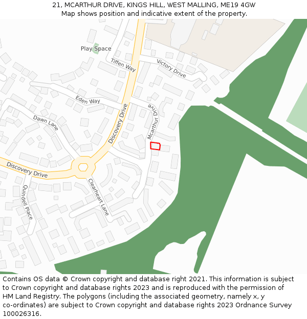 21, MCARTHUR DRIVE, KINGS HILL, WEST MALLING, ME19 4GW: Location map and indicative extent of plot