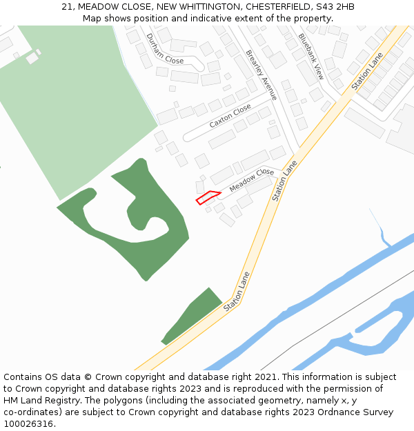 21, MEADOW CLOSE, NEW WHITTINGTON, CHESTERFIELD, S43 2HB: Location map and indicative extent of plot