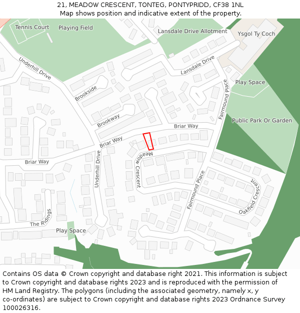 21, MEADOW CRESCENT, TONTEG, PONTYPRIDD, CF38 1NL: Location map and indicative extent of plot