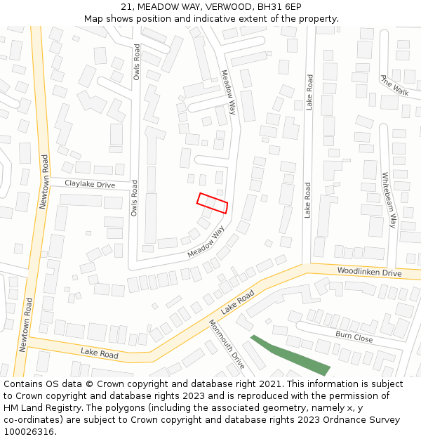 21, MEADOW WAY, VERWOOD, BH31 6EP: Location map and indicative extent of plot